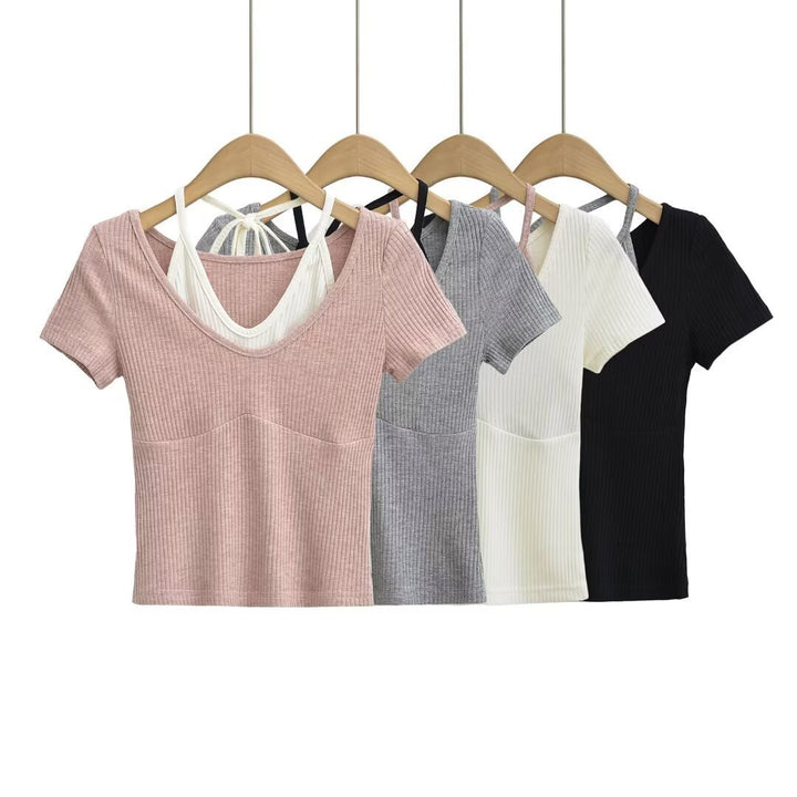 Fake two neck hanging short sleeved T-shirts