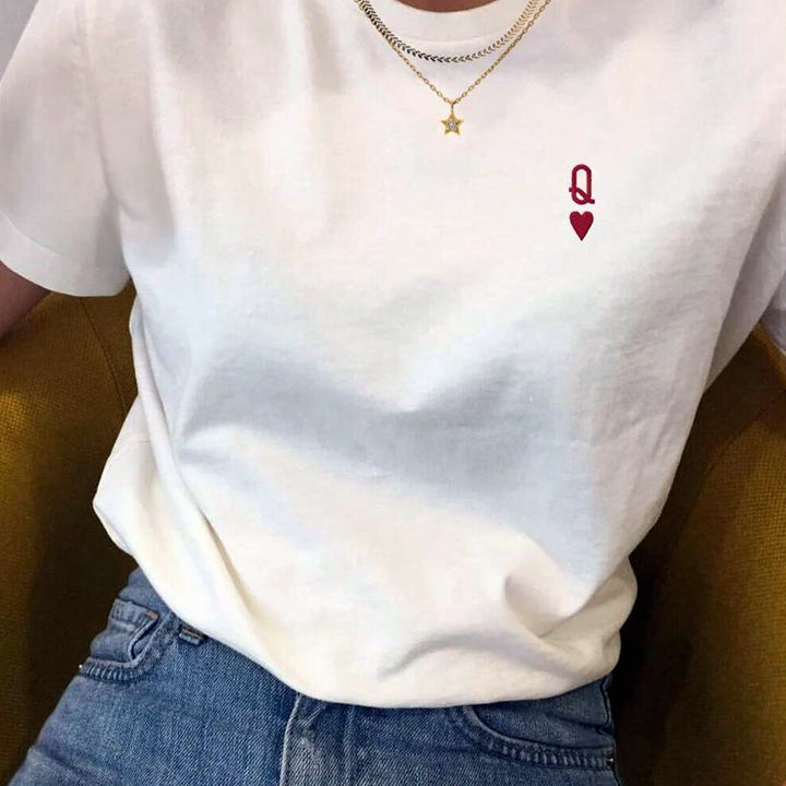 Queen of Hearts Letter Embroidered T Shirts Female White Loo