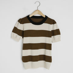 Summer Korean Knitted Striped T Shirts Tops Women Short Sleeve O-neck Casual Fashion Female Tees Pullovers T-shirts